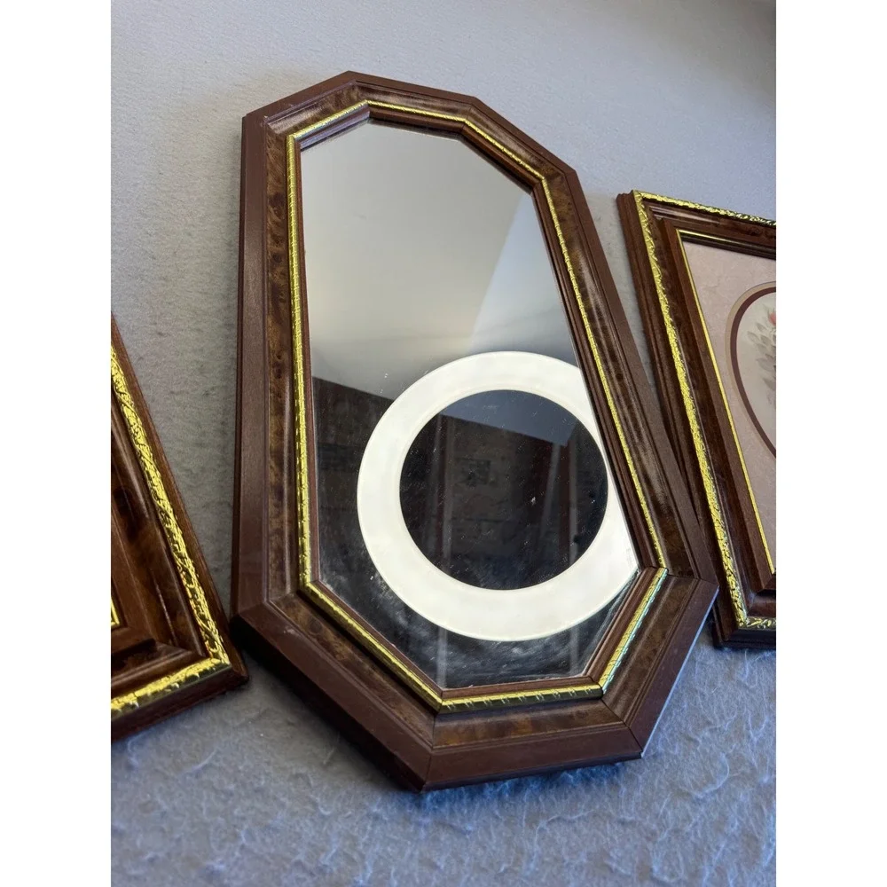 Vintage Wood Grain Gold Trim Picture Frame Wall Art Brown 13.5x16.5